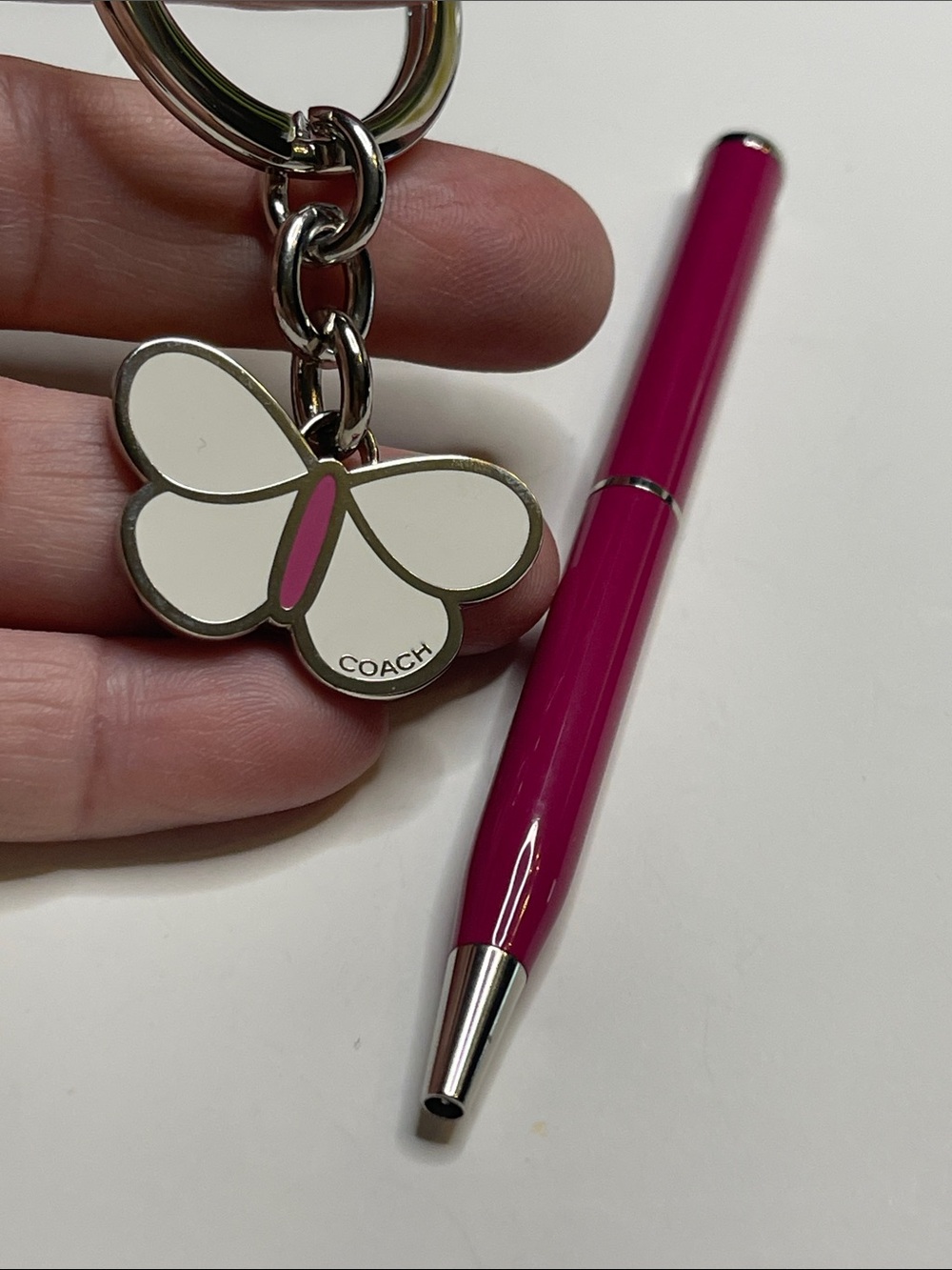 COACH White & Pink Butterfly Keyring Charm and Coach Pen